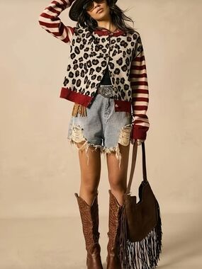 Leopard Print & Striped Cardigan with Red Trim